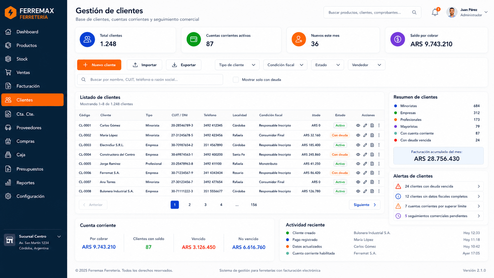 Pantalla de clientes de Ferremax con datos fiscales, cuenta corriente, saldos e historial comercial.