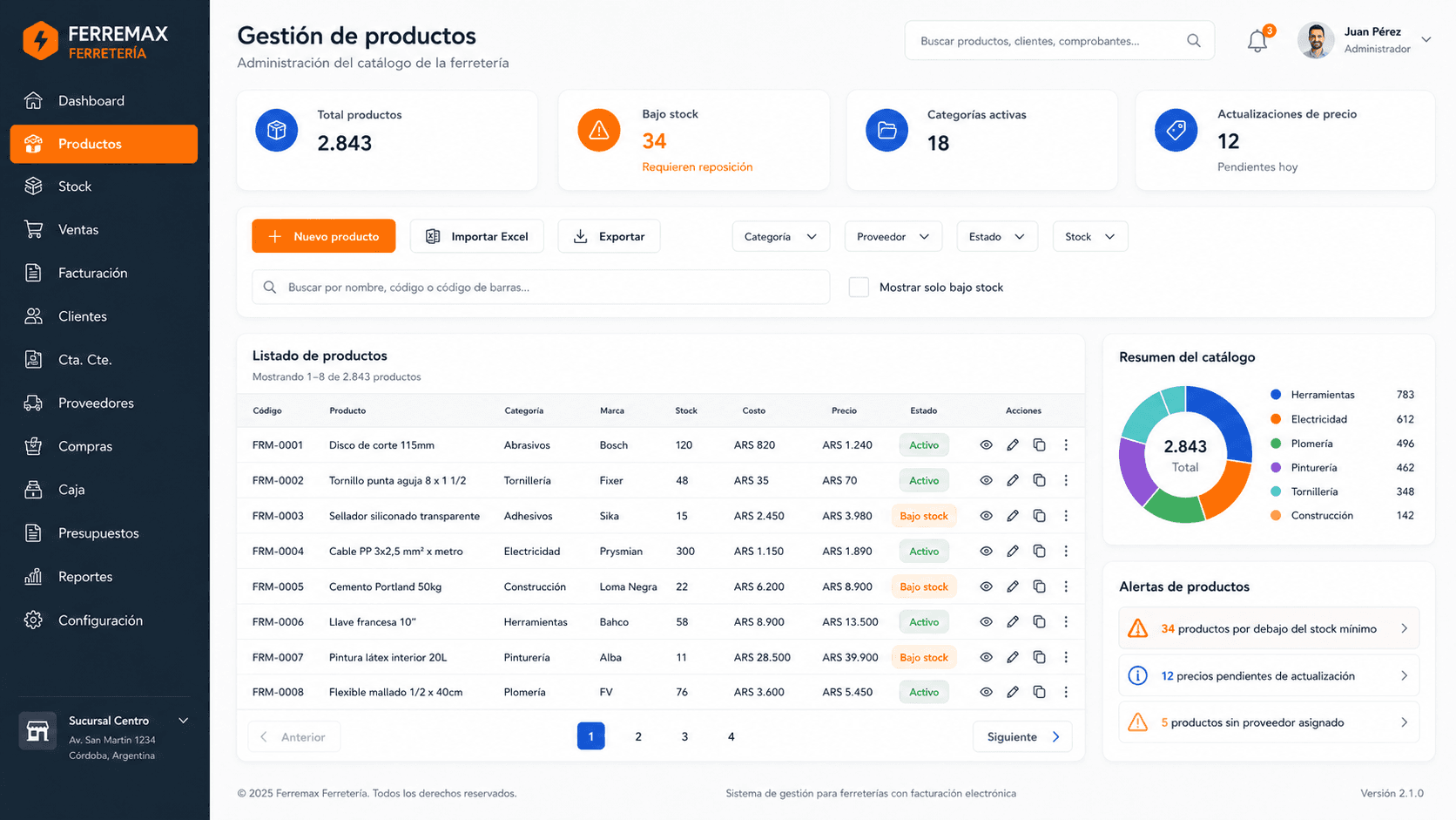 Pantalla de productos de Ferremax con catálogo, búsqueda, precios, categorías y estados comerciales.