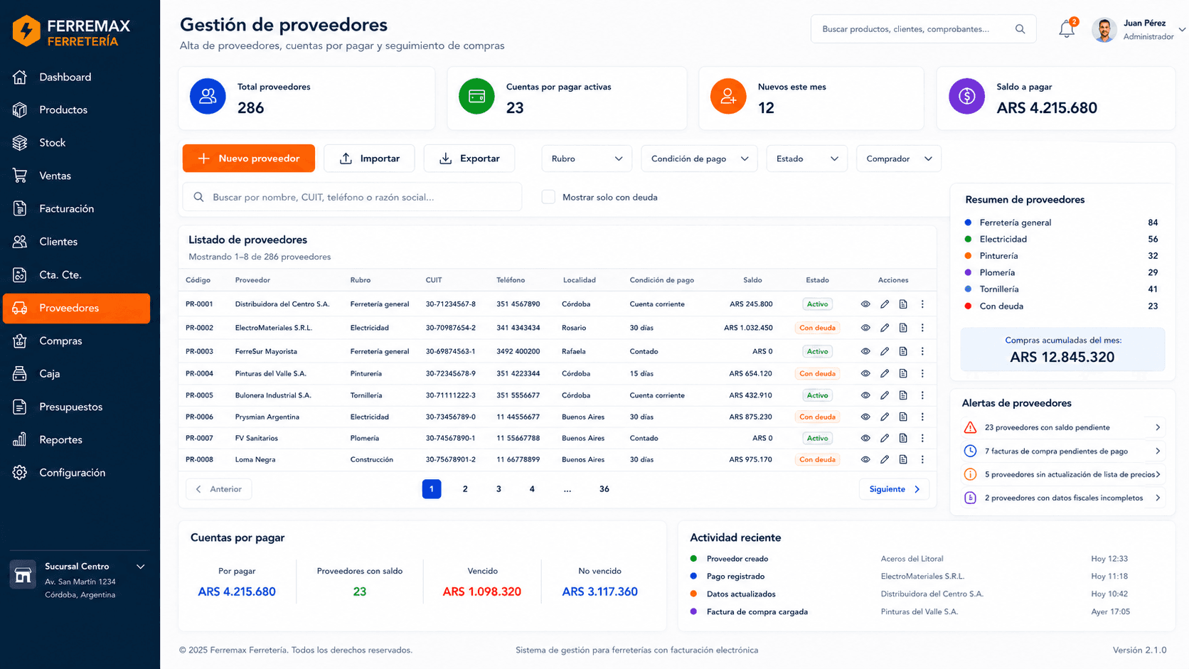 Pantalla de proveedores de Ferremax con rubros, datos fiscales, condiciones de pago y saldos pendientes.